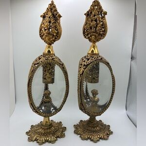 ANTIQUE Pair of Ornate Gold Glass and Metal PERFUME holders